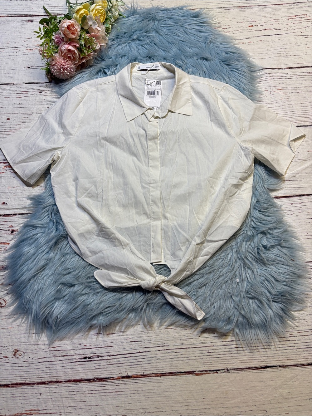 NWT MNG Mango White Cotton Poplin Tie Front Crop Short Sleeve Button Down Shirt